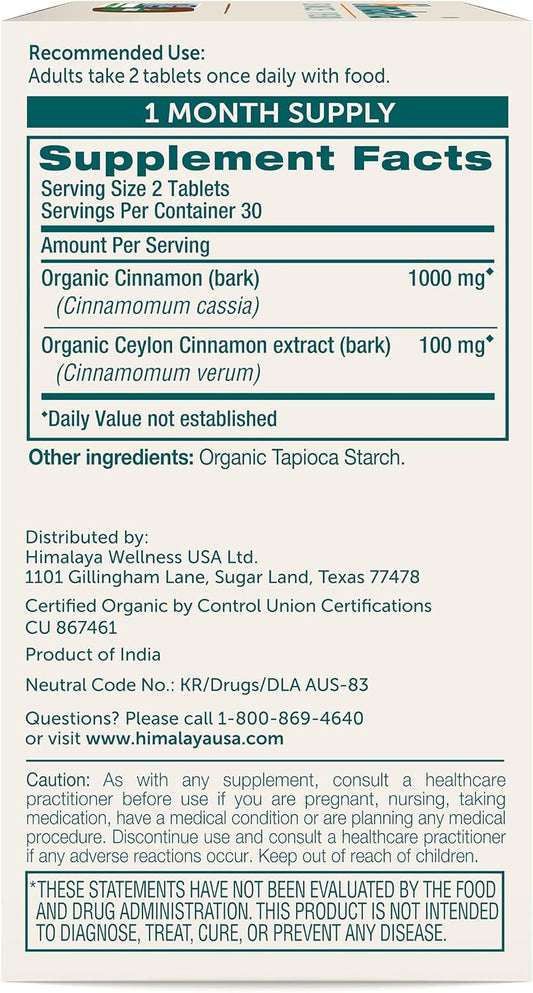 Himalaya Organic Cinnamon, For Glycemic Support, 1100 Mg Daily, 60 Tablets, From Cassia Cinnamon Bark And Ceylon Cinnamon Extract, Non-Gmo Project Verified, Vegan, Gluten Free Herbal Supplement