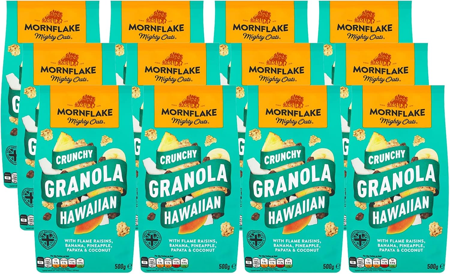 Mornflake - Crunchy Hawaiian Granola. 12X 500G Sachets Bags. High Fibre Granola Cereal Multipack, Breakfast Granola With Raisins, Banana, Pineapple & Coconut, All Natural Ingredients (Pack Of 12)