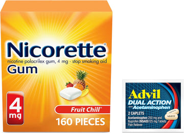 Nicorette 4 Mg Nicotine Gum To Help Quit Smoking - Fruit Chill Flavored Stop Smoking Aid, 1-Pack, 160 Count, Plus Advil Dual Action Coated Caplets With Acetaminophen, 2 Count