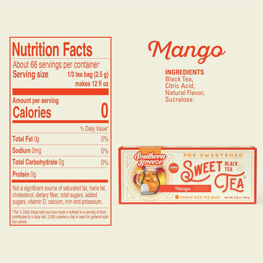 Southern Breeze Hot Brew Sweet Tea Mango Iced Tea With Black Tea And Zero Carbs Zero Sugar, 22 Individually Wrapped Family Size Tea Bags, Pack Of 6