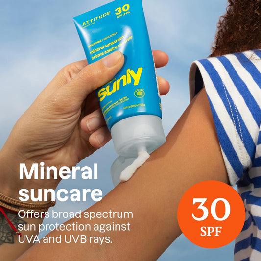 ATTITUDE Mineral Sunscreen for Baby and Kids, EWG Verified, Broad Spectrum UVA/UVB, Dermatologically Tested, Plant and Mineral-Based Formula, Vegan, SPF 30, Unscented, 2.6 Oz