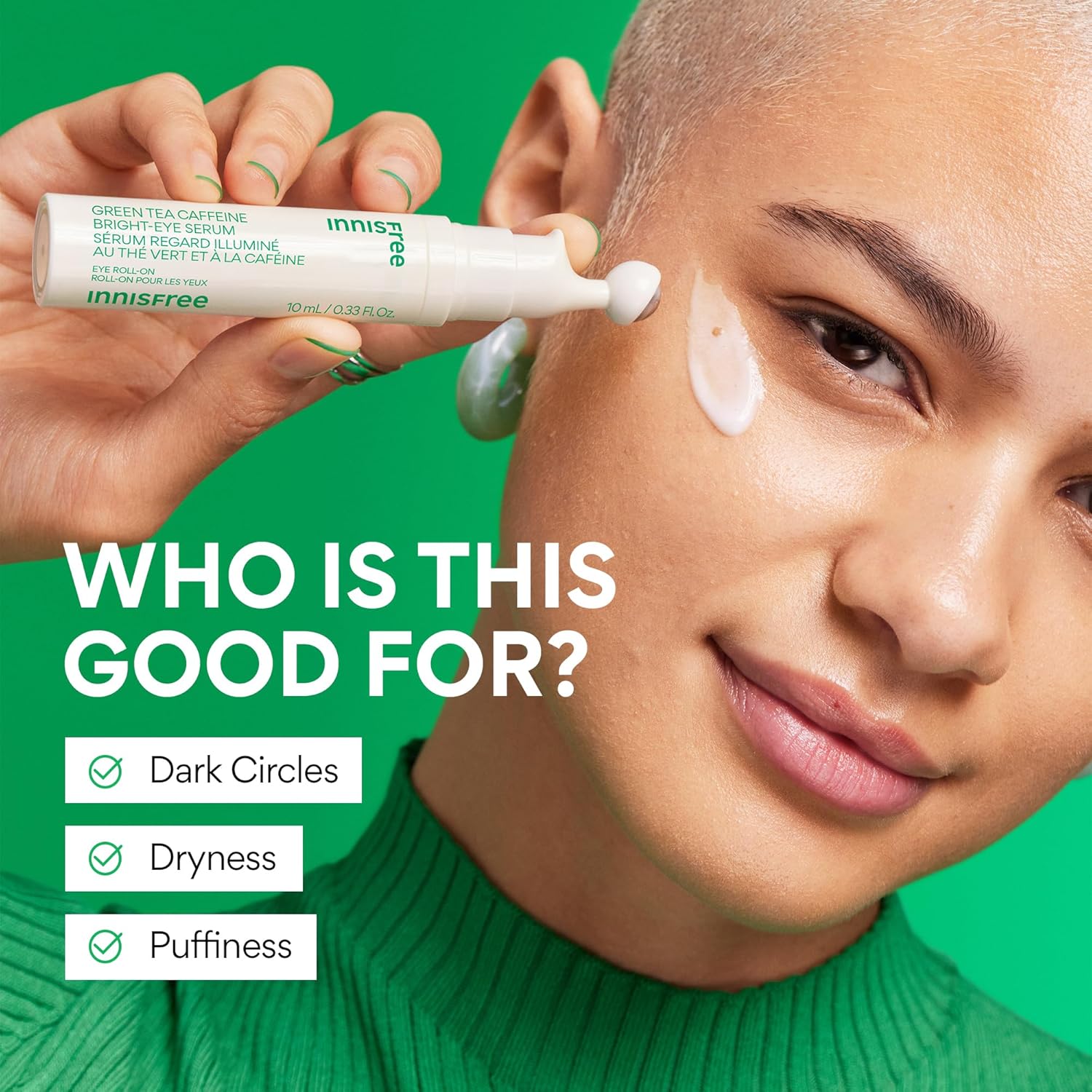 Innisfree Green Tea Caffeine Depuffing Eye Serum With Niacinamide, Cooling Korean Eye Roll-On For Hydration And Brightening : Beauty & Personal Care