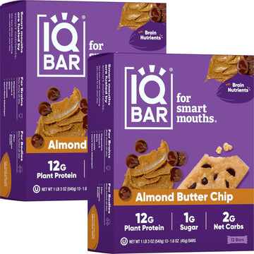 Iqbar Brain And Body Plant Protein Bars - Almond Butter Chip - 24 Count, Low Carb, High Fiber, Gluten Free, Vegan Snacks - Low Sugar Keto Energy Bars