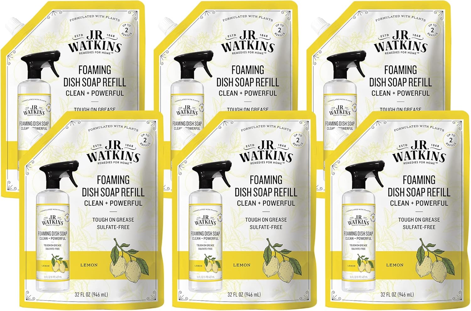 J.R. Watkins Foaming Dish Soap Refill Pouch, Crafted Clean & Cruelty Free, Lemon, 32 Fl Oz, 6 Pack