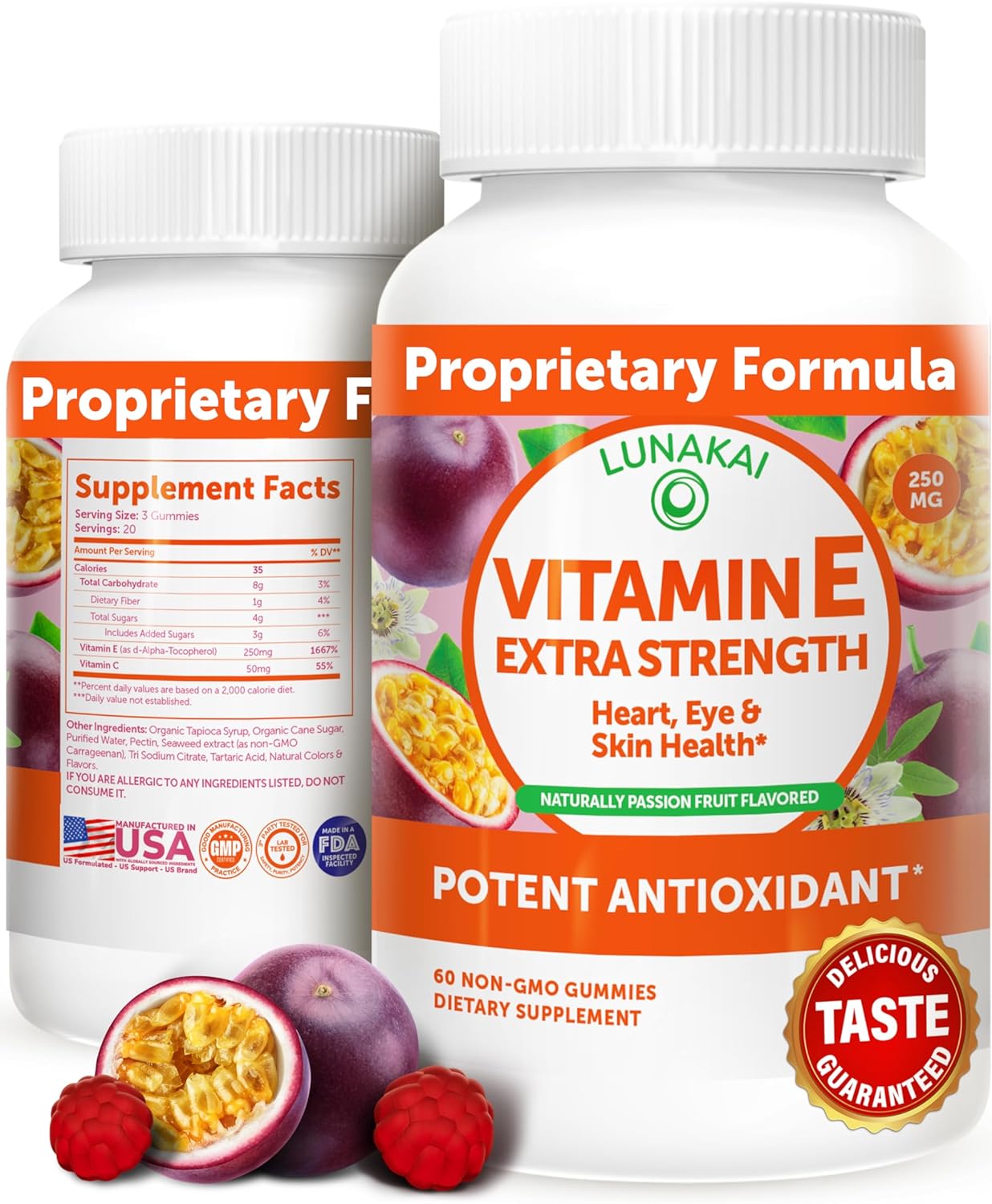 Vitamin E Gummies with Vitamin C - Tastiest Proprietary Formula - 250mg (400IU) Vit E - Antioxidant, Skin & Eye Health Support, Non-GMO, Vegan Vitamin E Supplement - Natural Vitamina E Gummy - 60Count