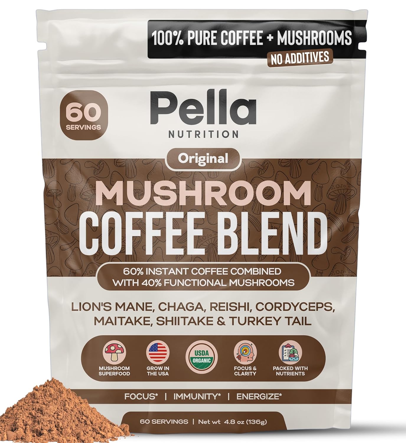 Organic Mushroom Colombian Instant Coffee (60 Servings) with 7 Superfood Mushrooms, Great Tasting, Includes Lion's Mane, Reishi, Chaga, Cordyceps, Shiitake, Maitake, and Turkey Tail