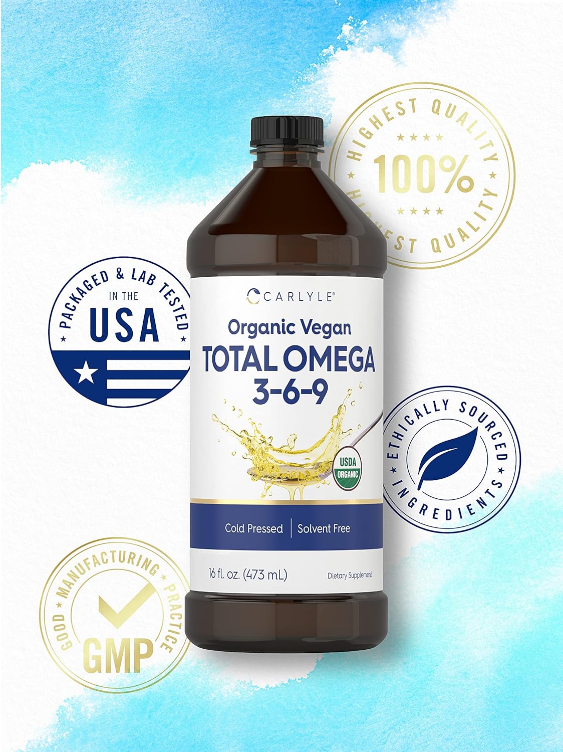 Carlyle Omega 3 6 9 | 16 fl oz | Cold Pressed | Certified Organic, Vegan Supplement | Vegetarian, Non-GMO, Gluten Free, and Solvent Free : Health & Household