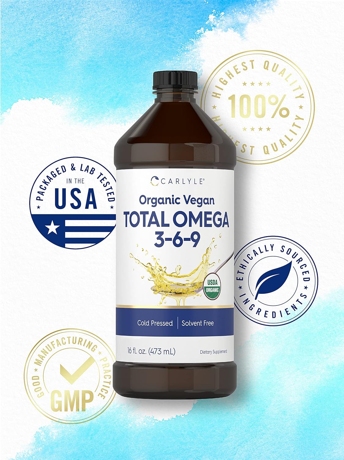 Carlyle Omega 3 6 9 | 16 Fl Oz | Cold Pressed | Certified Organic, Vegan Supplement | Vegetarian, Non-Gmo, Gluten Free, And Solvent Free : Health & Household