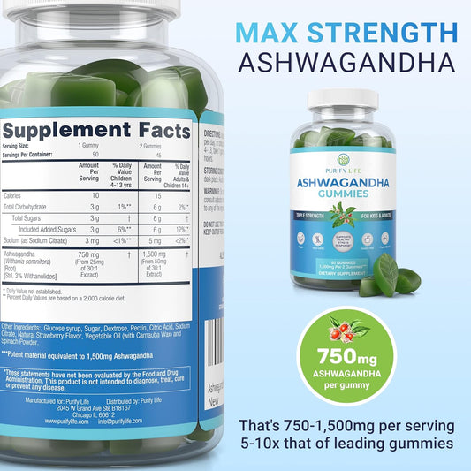 Potent Ashwagandha Gummies (Max Strength - 750mg/Gummy) (90ct - Up to 3 Month Supply) Support Calm Mood, Relaxation & Cognitive Support - Ashwagandha Gummies for Women Ashwagandha Gummies for Men