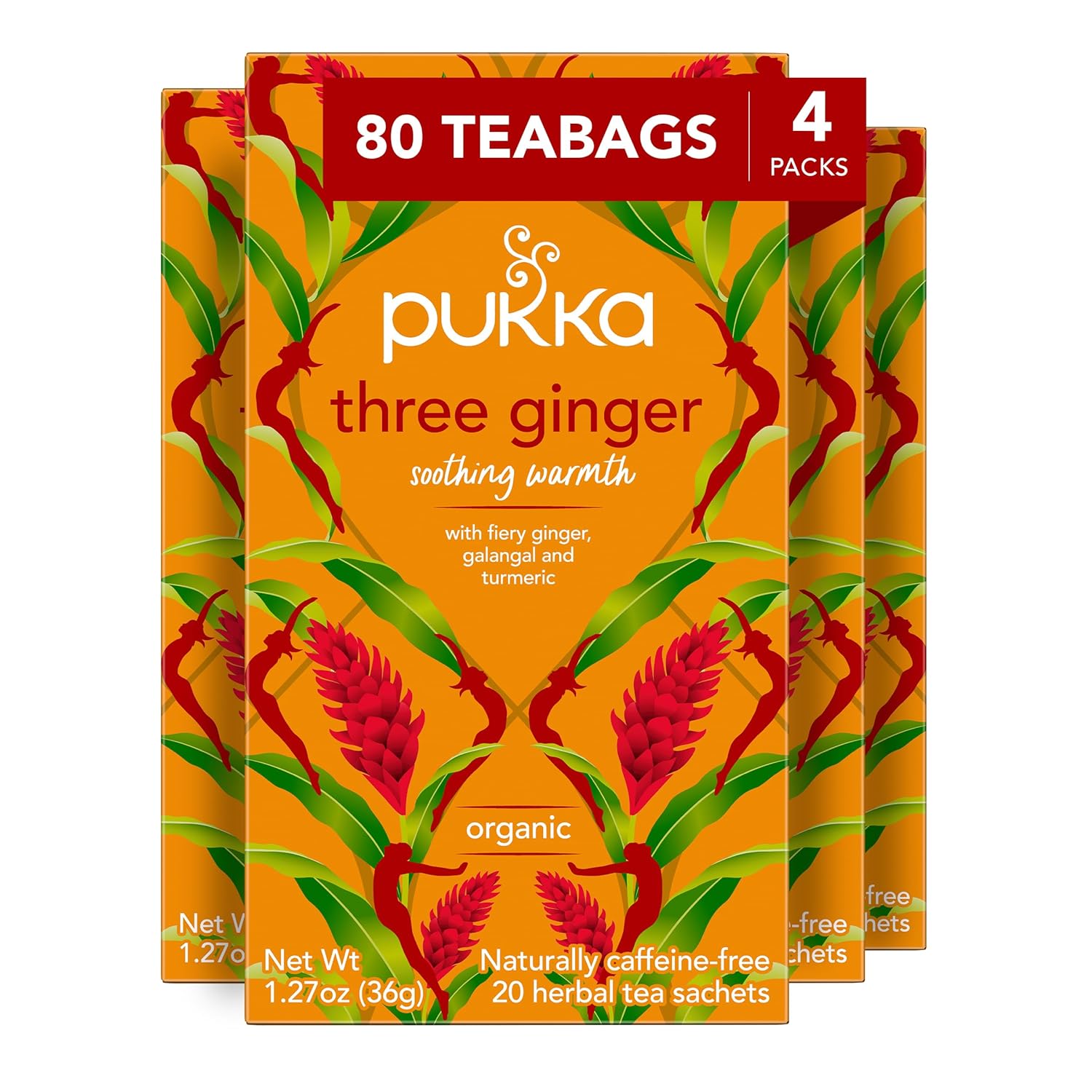 Pukka Herbs Three Ginger Organic Herbal Tea, Digestion-Aiding Infusion With Ginger, Turmeric, And Galangal, Tea Gift Set Ideal After Meals, 80 Total Tea Bags (20Ct - Pack Of 4)