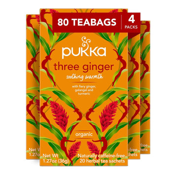 Pukka Herbs Three Ginger Organic Herbal Tea, Digestion-Aiding Infusion With Ginger, Turmeric, And Galangal, Tea Gift Set Ideal After Meals, 80 Total Tea Bags (20Ct - Pack Of 4)