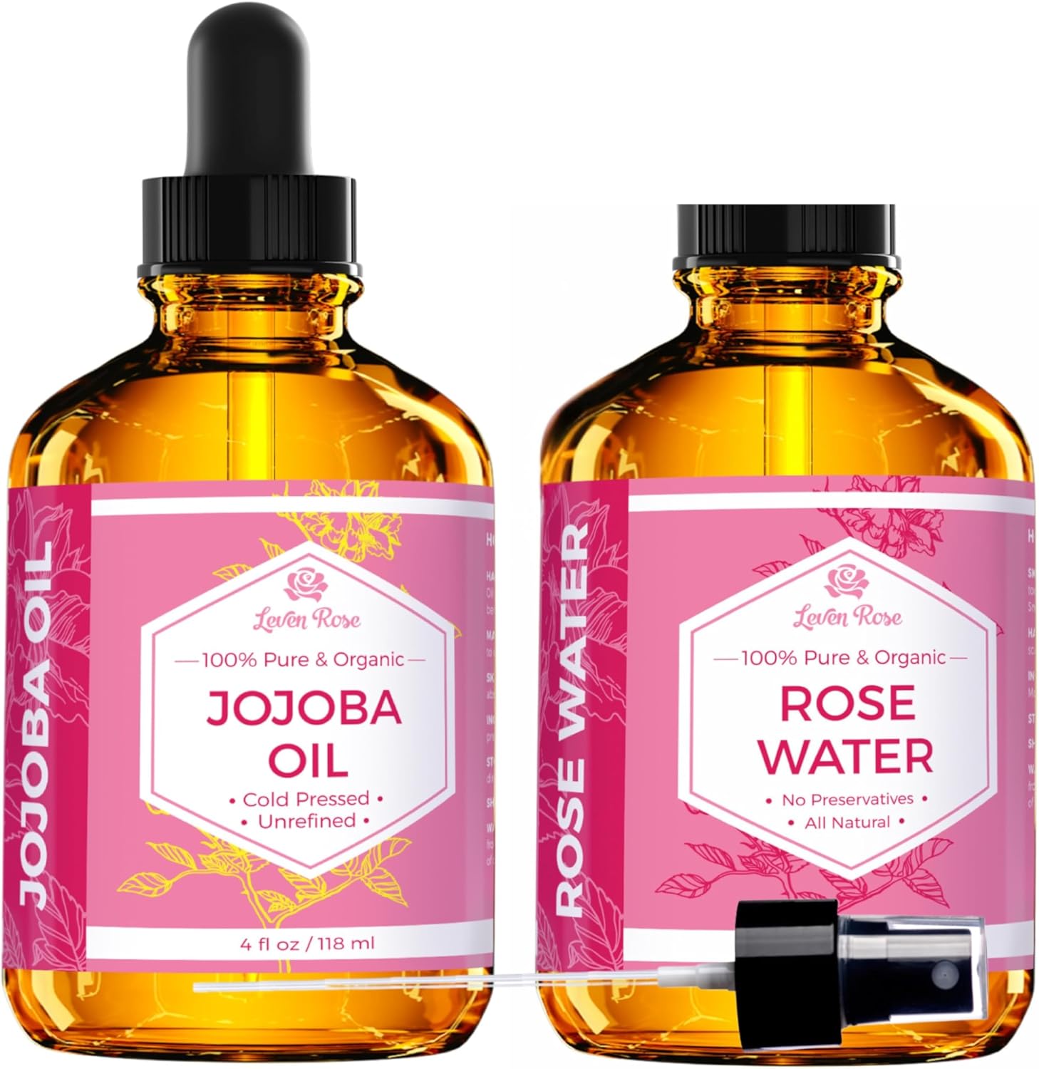 Leven Rose Jojoba Oil + Rose Water For Face Facial Toner Bundle Jojoba Moisturizer For Skin Hair Body And Nails 4 Oz & Pure Moroccan Rosewater 4 Oz