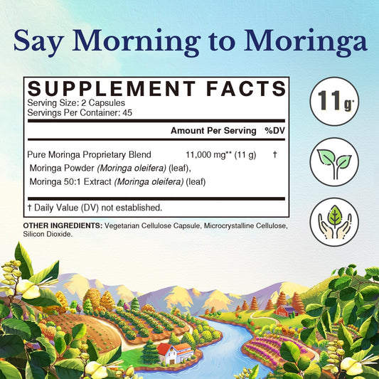 Vitalitown Moringa Capsules 11,000 Mg, Pure Moringa Supplement, Green Moringa Leaves, No Sticks, No Caffeine, Moringa Oleifera, Energy, Appetite, 90 Capsules