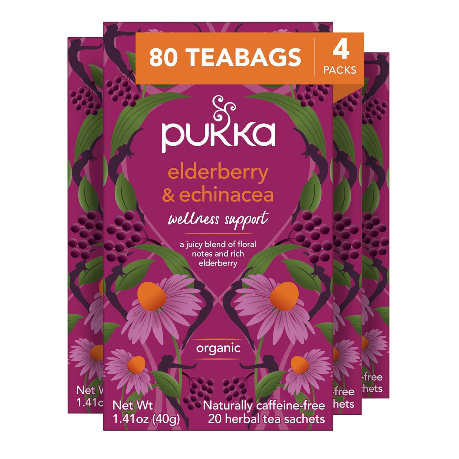 Pukka Organic Elderberry & Echinacea Herbal Tea For Wellness Support, Caffeine Free, 80 Total Tea Bags (20Ct - Pack Of 4)