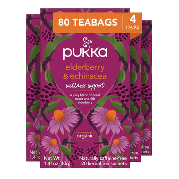 Pukka Organic Elderberry & Echinacea Herbal Tea For Wellness Support, Caffeine Free, 80 Total Tea Bags (20Ct - Pack Of 4)