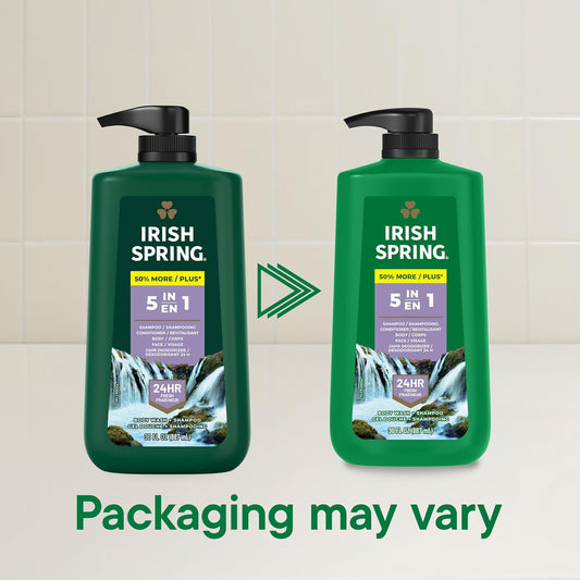 Irish Spring 5 In 1 Body Wash For Men, Men'S Body Wash, Smell Fresh And Clean For 24 Hours, Conditions And Cleans Body, Face, And Hair, Made With Biodegradable Ingredients, 30 Oz Pump