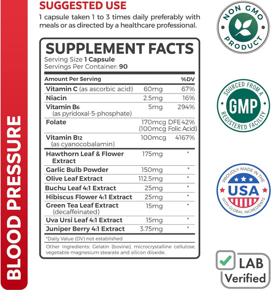 Blood Pressure Support Supplement (NON-GMO) Premium Natural Herbs, Vitamins & Berries - High Dosage of Hawthorn Berry Extract ? Supports Blood Pressure Levels Already In The Normal Range ? 90 Capsules