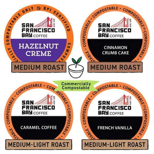 San Francisco Bay Compostable Coffee Pods - Variety Pack Flavored (40 Ct) K Cup Compatible including Keurig 2.0, Hazelnut, Cinnamon, Caramel, Vanilla Flavored Coffee