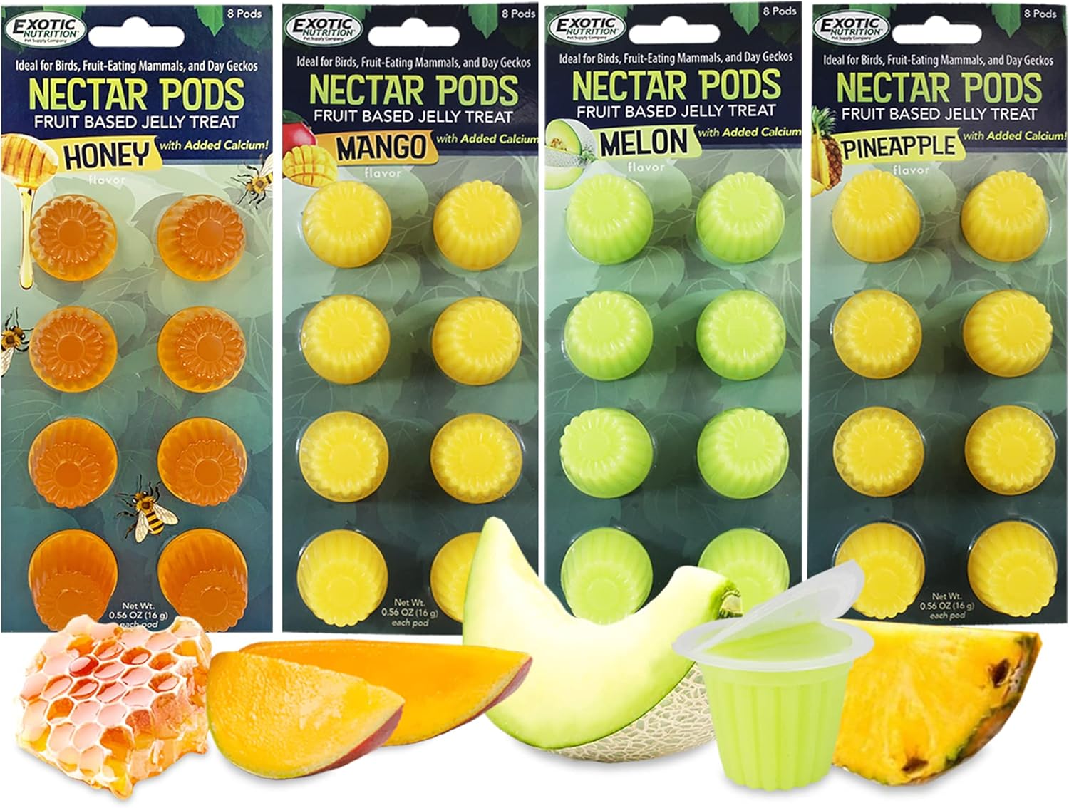 Nectar Pods (Variety 4 Pack) - Calcium-Fortified Jelly Fruit Treat - Sugar Gliders, Marmosets, Squirrels, Parrots, Cockatiels, Parakeets, Birds, Hamsters, Day Geckos, Kinkajous & Other Small Pets