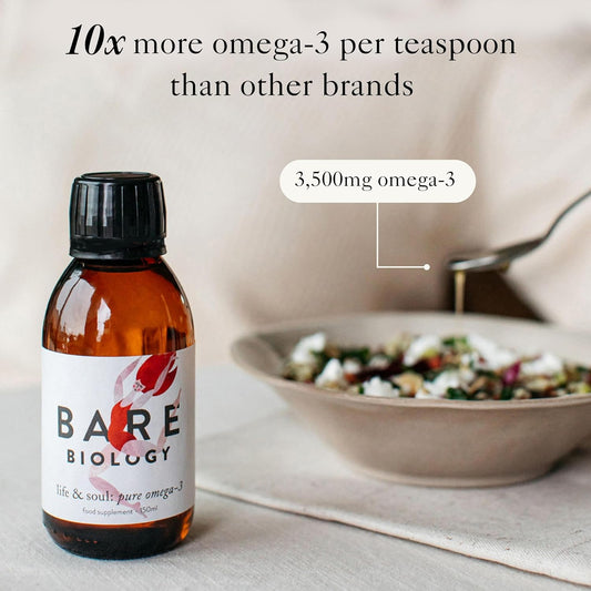 Bare Biology Maximum Strength Pure Omega 3 Fish Oil Liquid 3,000Mg - Life & Soul Liquid Omega 3 (1 To 2 Months Supply - 150Ml) Epa 2000Mg Dha 1000Mg, Supports Heart, Brain Function & Eye Health