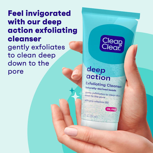 Clean & Clear Deep Action Exfoliating Cleanser With Pro-Vitamin B5, Gentle Exfoliating Daily Face Scrub Cleans Deep Down To The Pore For Soft, Smooth, Hydrated Skin, Oil Free Face Wash, 7 Fl Oz