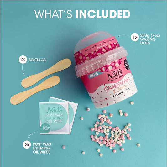 Nad'S Hair Removal Hard Wax Beads - Full Body Hard Wax Kit For Women - Microwaveable Hot Wax No-Strip Formula (Strawberries & Cream) 200G With 2 Applicators & 2 Oil Wipes