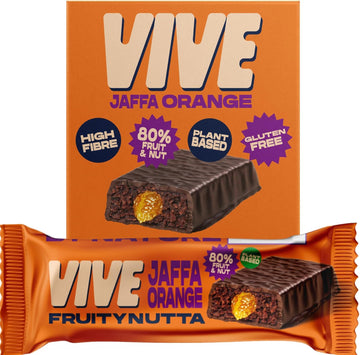 Vive Jammy Jaffa Orange Fruity Nutta Bars – Vegan Fruit & Nut Snack With Real Fruit Jam Filling – 80% Fruit & Nut, Belgian Chocolate Coated, High Fibre, Gluten-Free – Pack Of 20 Healthy Snack Bars