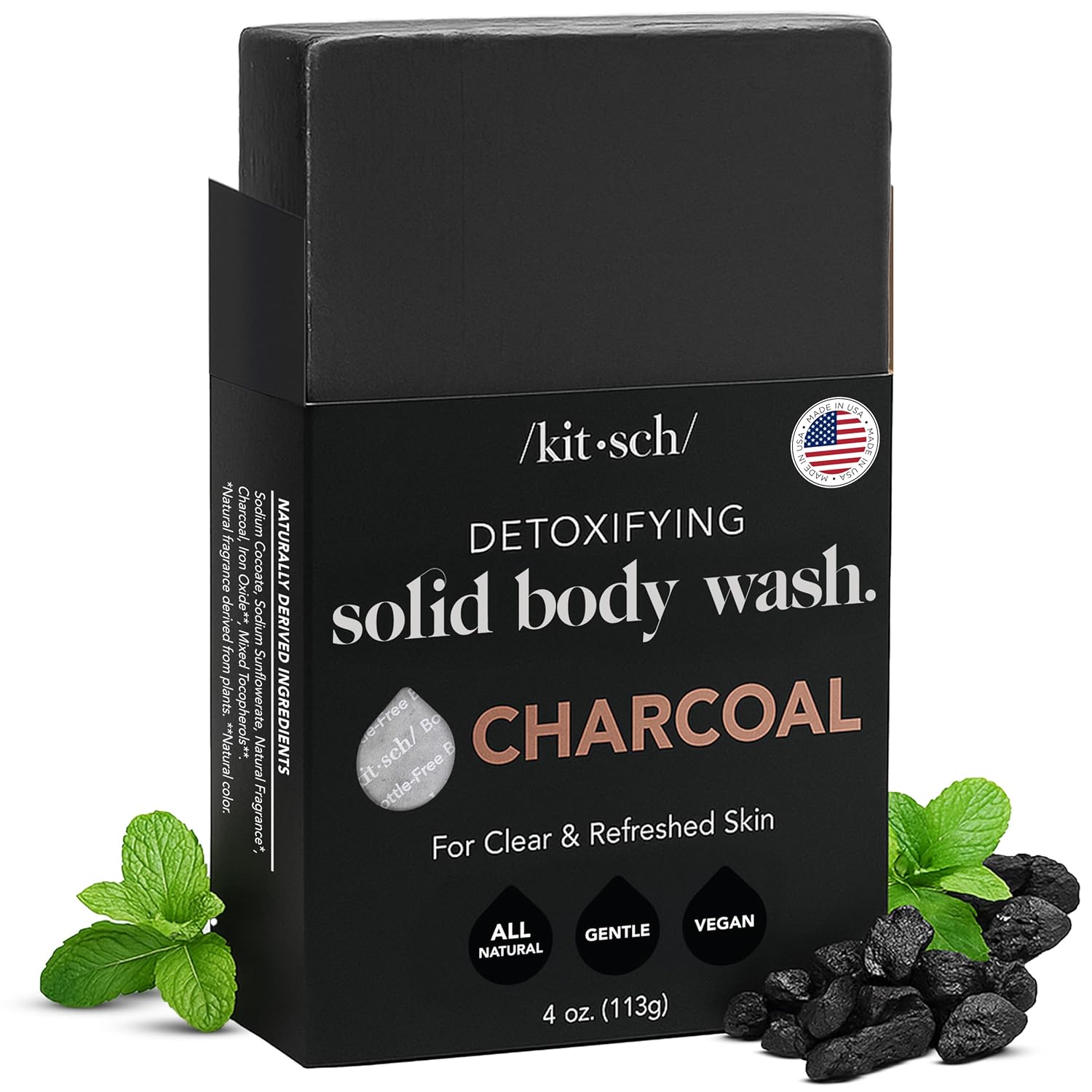 Kitsch Charcoal Soap Bar - Detoxifies Skin, Removes Excess Oil | Black Soap Bar For Men And Women | All Natural And Vegan | Made In Usa - 4Oz