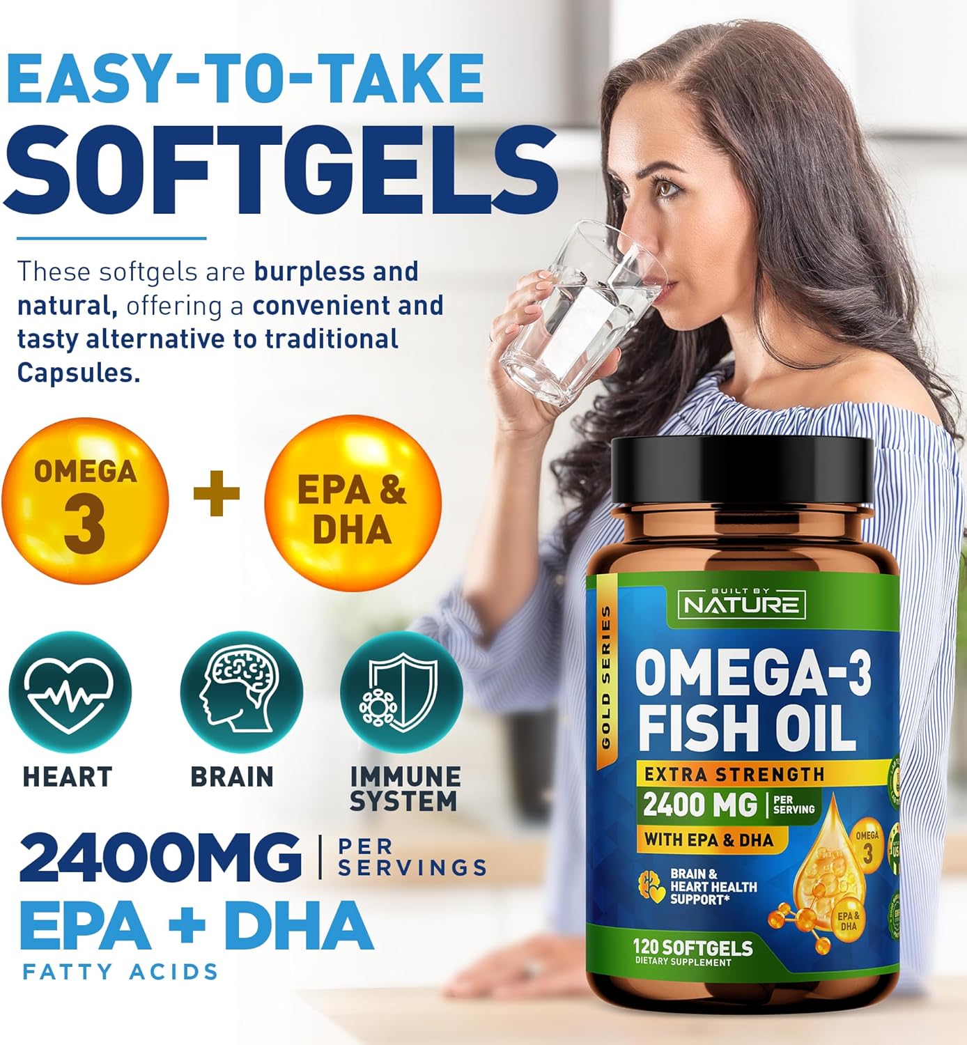 Built By Nature Omega 3 Fish Oil Soft Gels - 2400 Mg Fish Oil, 1440 Mg Omega 3, 864 Mg Epa, 576 Mg Dha - Extra Strength Brain & Heart Health Support Supplement - 60 Softgels : Health & Household
