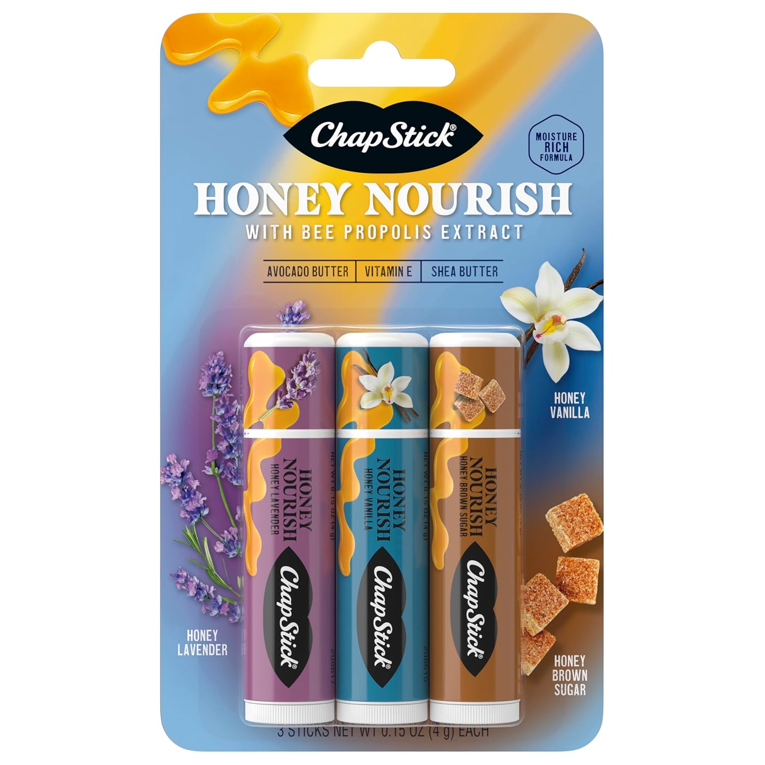 Chapstick Lip Balm Honey Nourish, Moisturizing Fomula With Shea Butter And Avocado Butter, Vitamin E, Flavors Honey Lavender, Honey Vanilla, Honey Brown Sugar, 3Ct Bc .45Oz