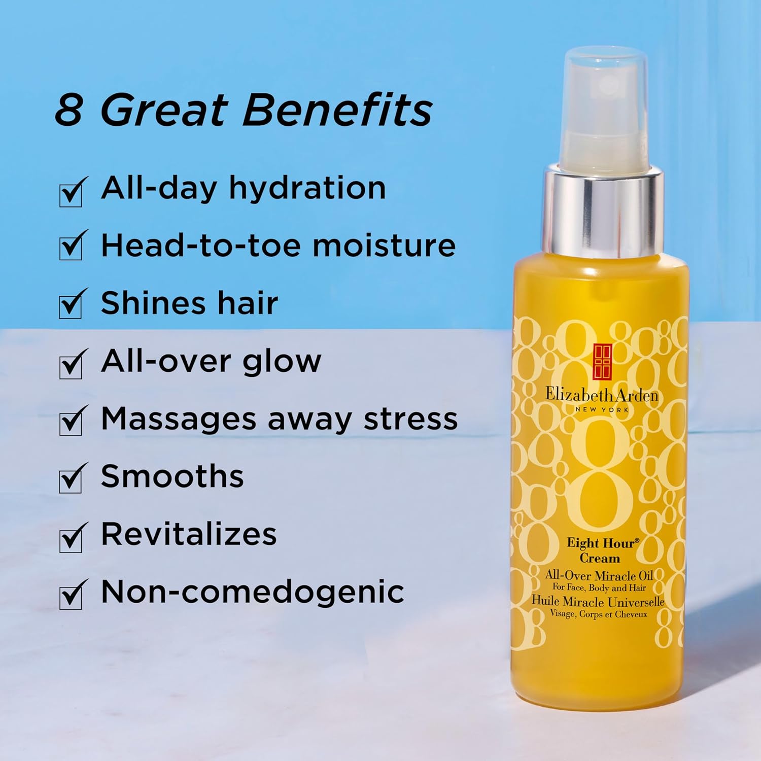 Elizabeth Arden Eight Hour All-Over Miracle Oil, Hydrating Spray Moisturizer For Face, Body & Hair, Vitamin E & Tsubaki Oil, Non-Comedogenic, Lightweight, 3.4 Oz : Beauty & Personal Care