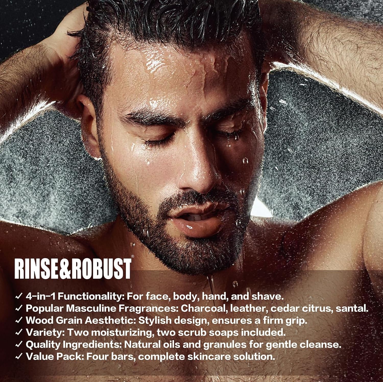 Rinse & Robust Men'S Luxury Bar Soap 4-Pack - Charcoal & Clove Oil Scent | 4-In-1 Exfoliating & Hydrating For Body, Face, Hands | Fathers Day Gifts(5.3 Oz Each) : Beauty & Personal Care