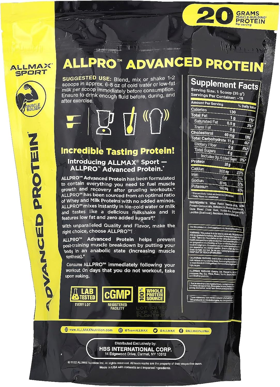 ALLMAX Sport ALLPRO Advanced Protein, Vanilla - 1.5 lb - 20 Grams of Protein Per Scoop - Low Fat & Zero Added Sugar - Approx. 19 Servings : Health & Household