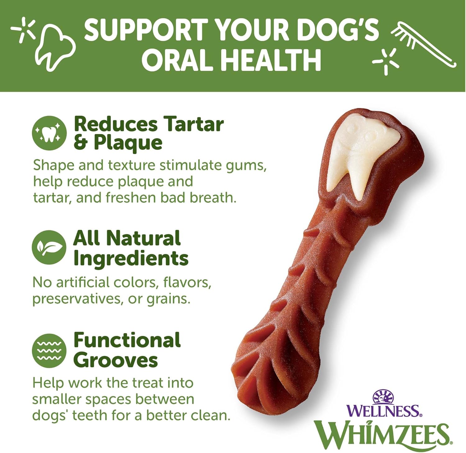 WHIMZEES by Wellness Brushing Dental Chews For Dogs, Grain-Free, Long Lasting Treats, Freshens Breath Medium Breed, 12 Count : Pet Supplies