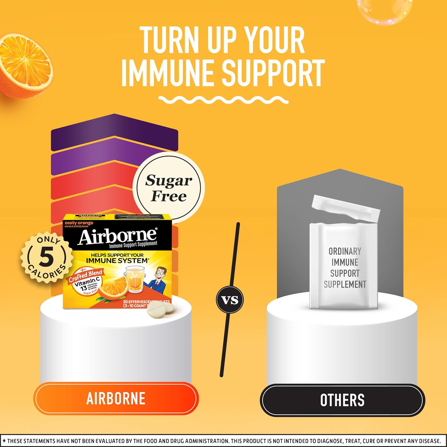 Airborne 1000mg Vitamin C with Zinc, SUGAR FREE Effervescent Tablets, Immune Support Supplement with Powerful Antioxidants Vitamins A C & E - 30 Fizzy Drink Tablets, Zesty Orange Flavor : Health & Household