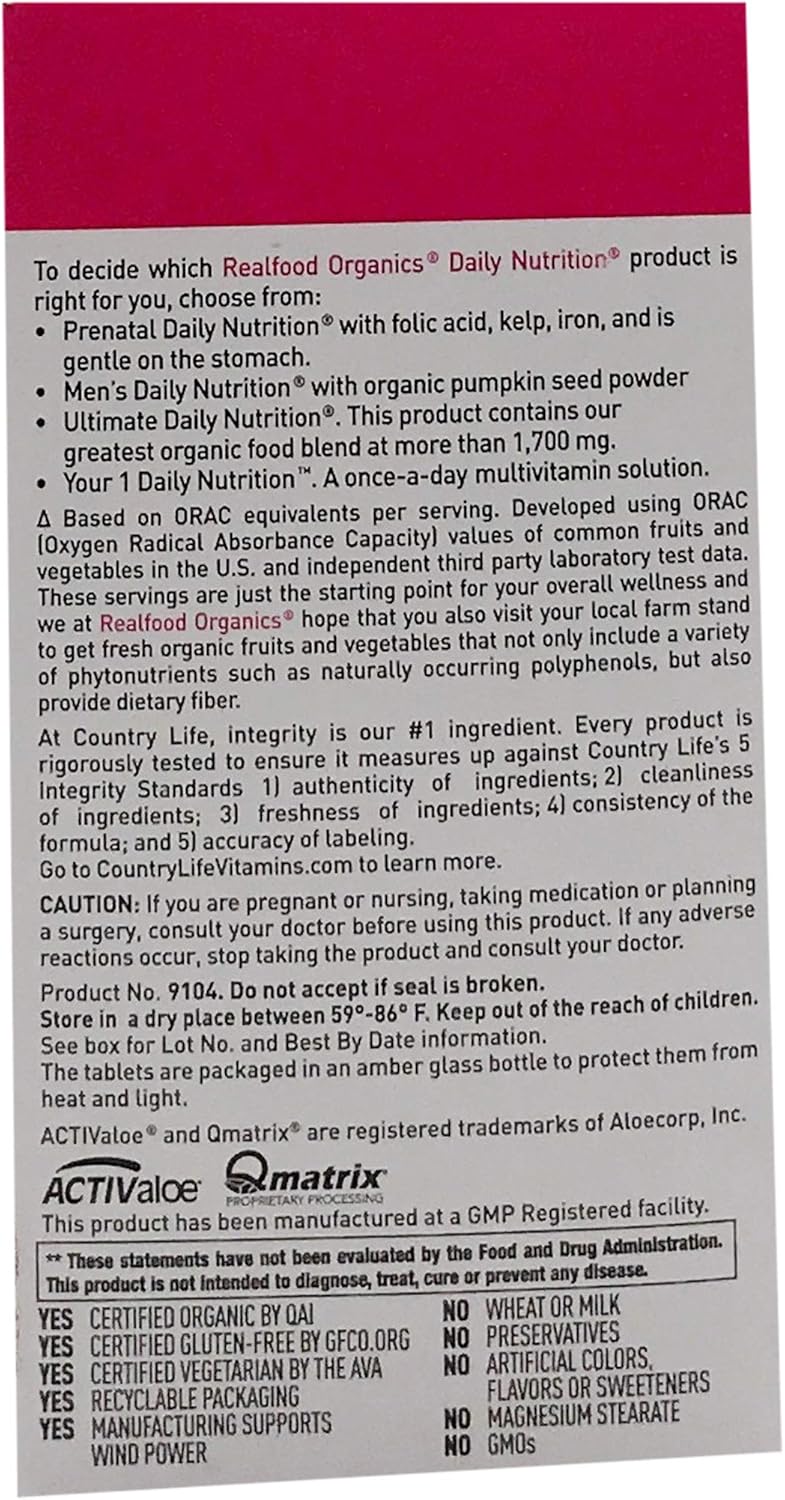 Country Life Realfood Organics - Women'S Daily Nutrition Multivitamin - 60 Easy-To-Swallow Tablets