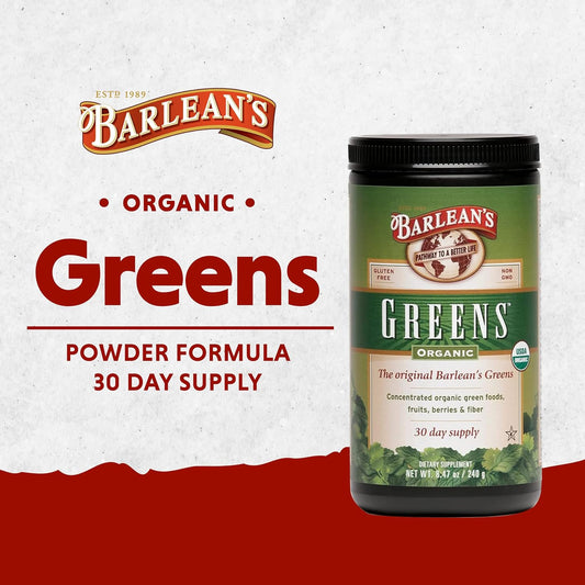 Barlean's Organic Greens Powder, Fruits & Veggies Superfood Supplement with Green Food Protein, Probiotic Blend & Fiber for Athletic Endurance and Daily Health, 8.47 oz Pack of 1