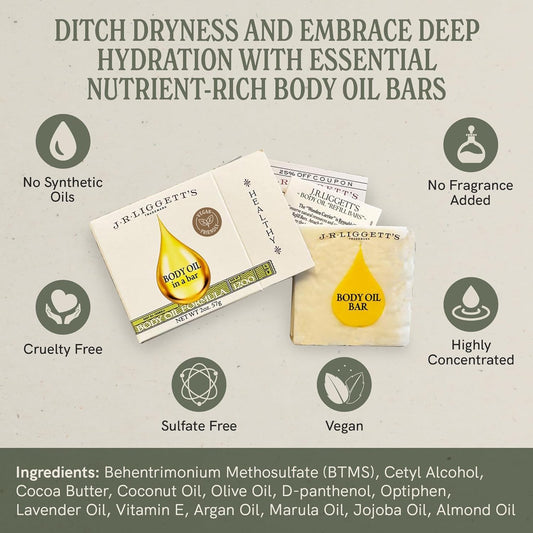 J.R.Liggett’S All-Natural Body Oil Formula Bar With Bamboo Wafer, Solid Organic Moisturizing Oil Bar For Face And Body, Never Greasy And Never Oily, Ideal For Dull And Dry Skin, 2.4 Ounces