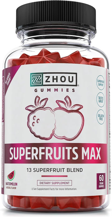 Zhou Nutrition Superfruit Multivitamin Gummies, 13 Natural Superfruits, Rich In Vitamin A, C, E, Zinc Gummies, Superfood Supplement, Immunity, Digestion & Energy, No Added Sugar, 60 Vegan Gummies