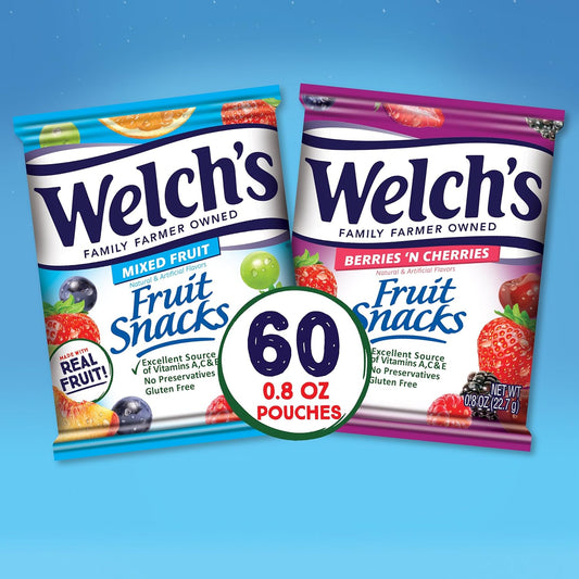 Welch'S Fruit Snacks, Mixed Fruit & Berries 'N Cherries Variety Pack, Perfect Halloween Candy Bulk Pack, Gluten Free, 0.8 Oz Individual Single Serve Bags (Pack Of 60)