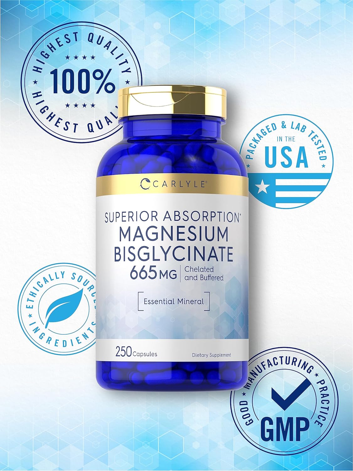 Carlyle Buffered Magnesium Bisglycinate 665 mg | 250 Capsules | Chelated Essential Mineral | Non-GMO and Gluten Free Supplement : Health & Household