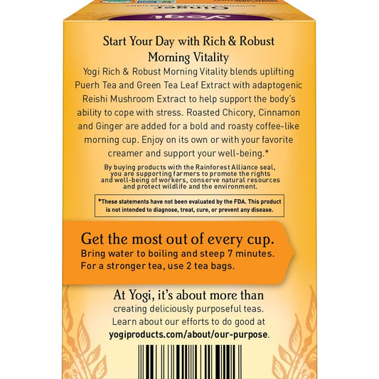 Yogi Tea Rich & Robust Morning Vitality Tea - 16 Tea Bags Per Pack (4 Packs) - Organic Adaptogen Tea Perfect For The Morning - Includes Puerh Tea Leaf, Roasted Chicory Root, Cinnamon Bark & More