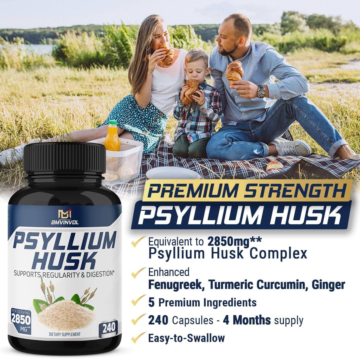 BMVINVOL Premium Psyllium Husk Capsules 2850mg - 4 Months Supply - Fenugreek, Turmeric, Ginger - Supports Digestive Health and Regularity - 240 Capsules : Health & Household