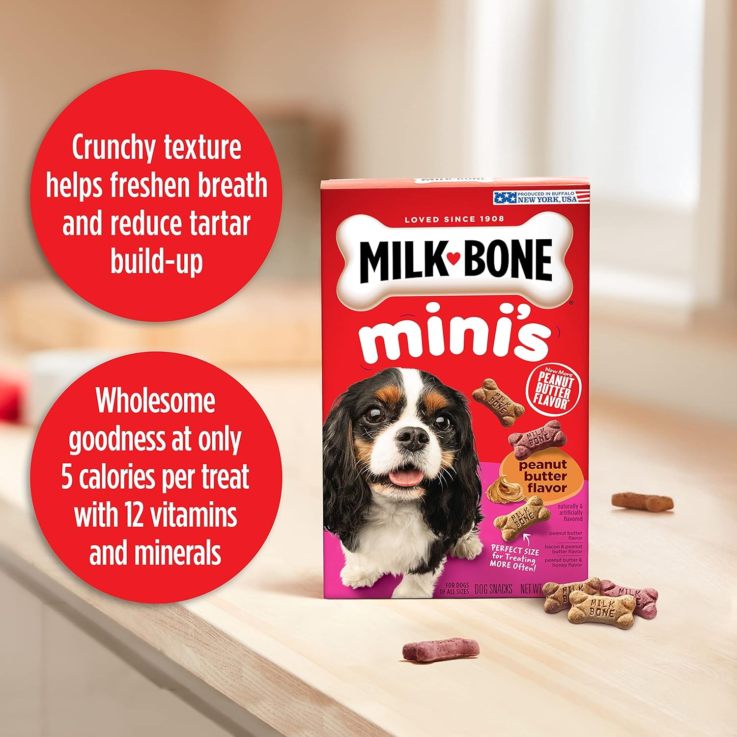 Milk-Bone Mini's Peanut Butter Flavor Dog Treats for All Size Dogs, 15 Ounce (Pack of 6), Crunchy Texture Helps Freshen Breath