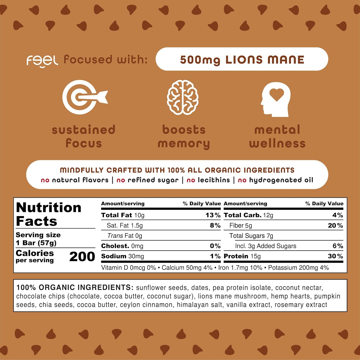 Feel Vegan Protein Bars | Brownie Chocolate Chip | Keto | Gluten Free | Organic | Lions Mane | 15g Plant Protein | Low Carb | High Protein | Dairy Free | Low Sugar | Grain Free | Nut Free | Soy Free | Non GMO - (Brownie Choco Chip, 10 Pack) : Health & Household