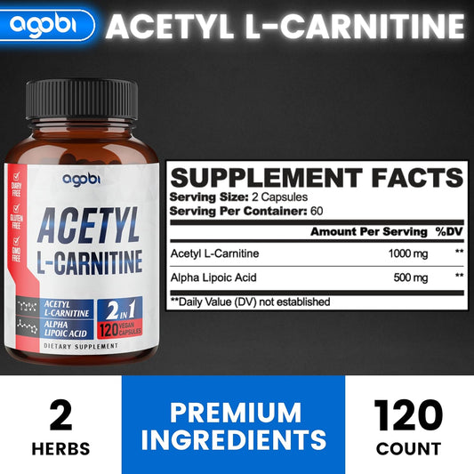 Acetyl L-Carnitine & Alpha Lipoic Acid Complex 1500Mg - Supplement For Brain Health, Memory, Focus & Mood Support - 120 Vegan Capsules For 2 Month Supply - Gluten-Free, Non-Gmo