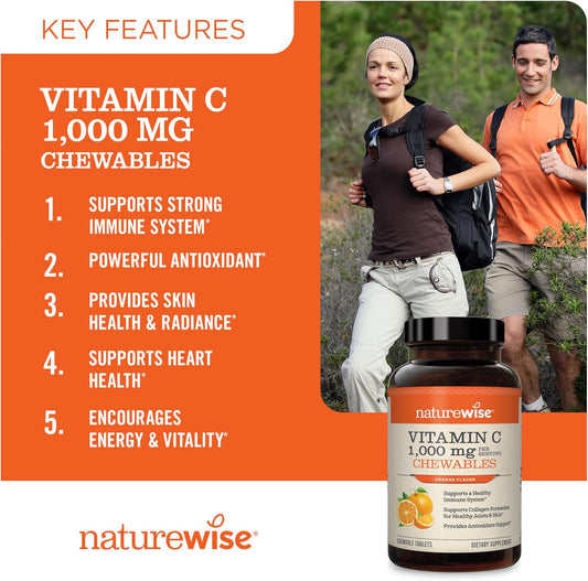 Naturewise Vitamin C 1000Mg Chewable Tablet Supplement - Support For Healthy Immune System & Collagen Synthesis - Vegan, Non-Gmo, Soy & Gluten Free, Orange Flavor - 90 Count[45 Days Supply]