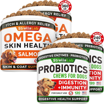 Omega 3 + Probiotics Dogs Bundle - Allergy & Itch + Improve Digestion & Immunity - Omega 3 & Pumpkin + Digestive Enzymes - Prebiotics - Itchy Skin + Itching & Licking Treats - 600 Chews - Made In Usa