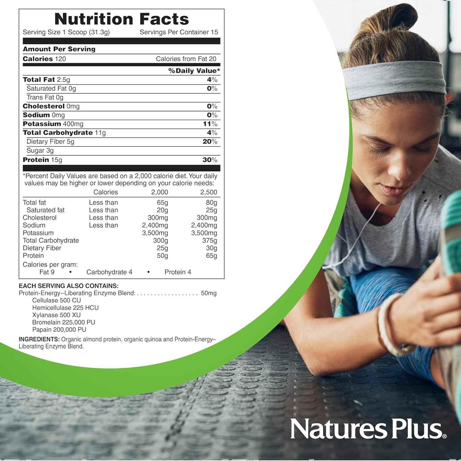 Natures Plus Almond Protein Powder - 1.04 Lbs, Unflavored - Usda Certified Organic, Non-Gmo Vegan Protein Powder, No Added Sugar, Promotes Muscle Recovery - Vegetarian, Gluten-Free - 15 Servings