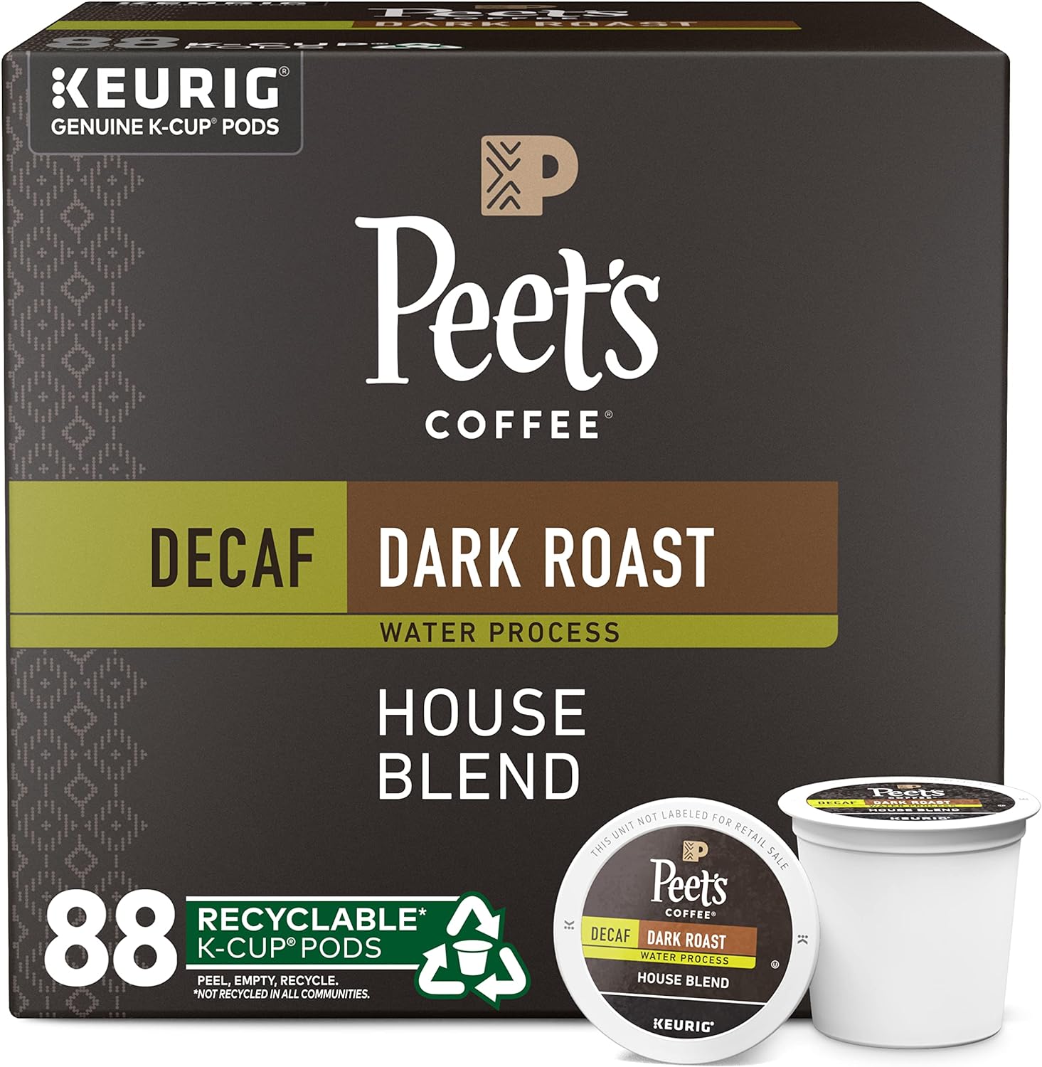 Peet's Coffee, Dark Roast Decaffeinated Coffee K-Cup Pods for Keurig Brewers - Decaf House Blend 88 Count (4 Boxes of 22 K-Cup Pods)
